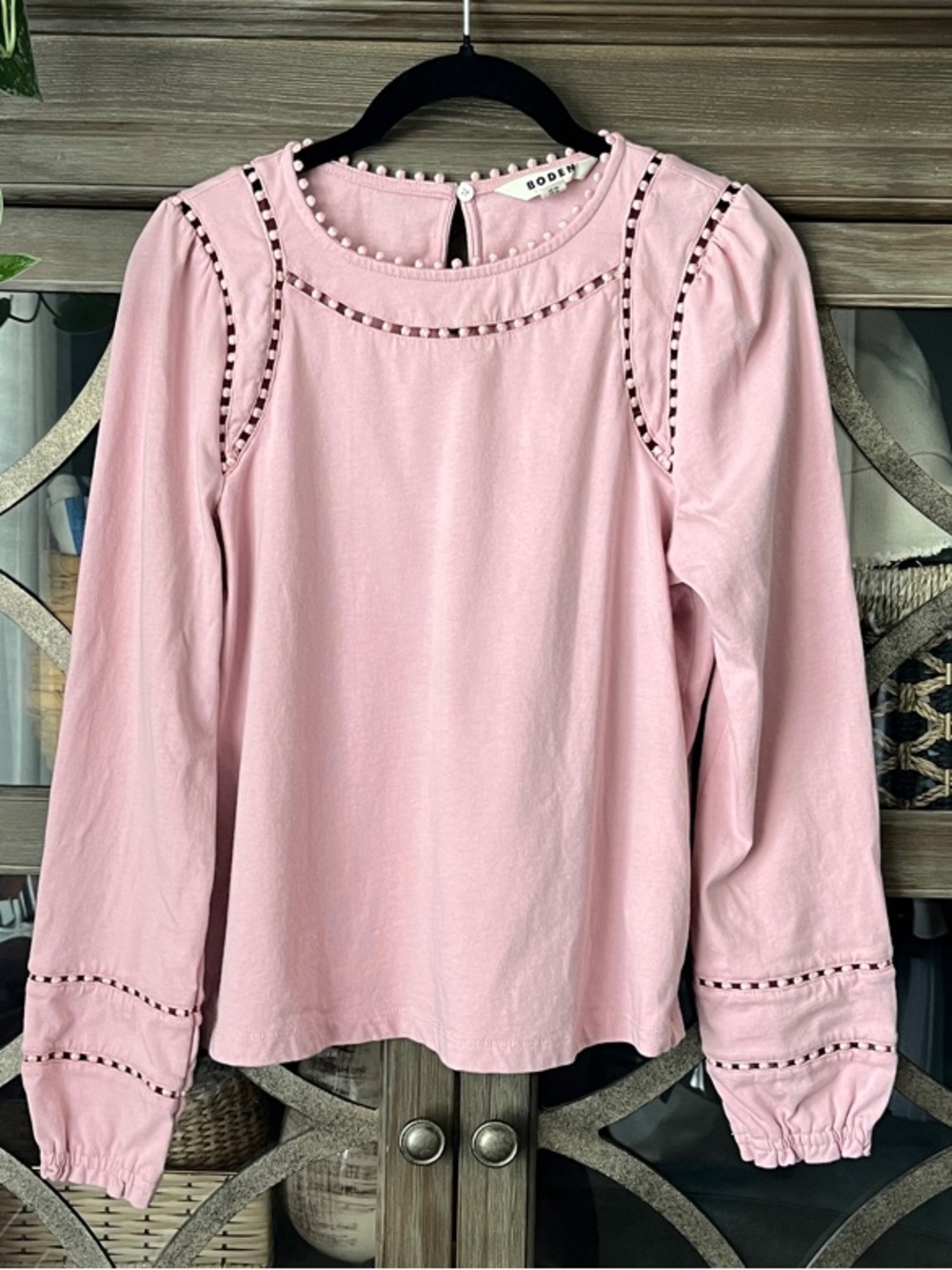 Boden Mila Blush Pink Pearl-Trim Long Sleeve Top; 100% Cotton